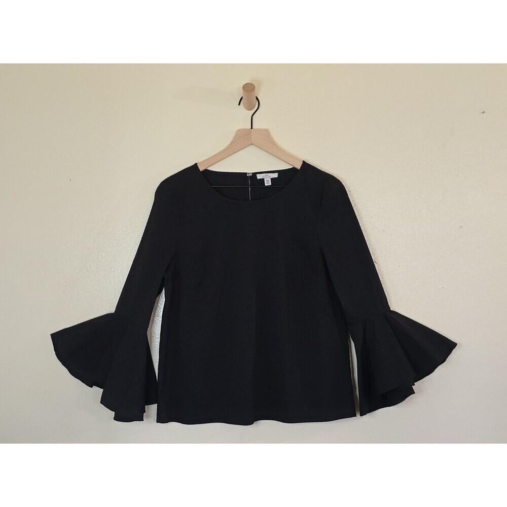 HALSTON Black Bell Sleeve Blouse Top Women Medium Flare Sleeve Stretch - Picture 2 of 8
